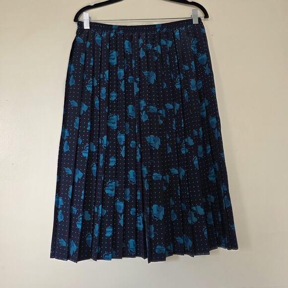 Vintage Floral Pleated Midi Skirt Women 16 Cottagecore Artsy Boho Teacher Blue - Picture 5 of 9